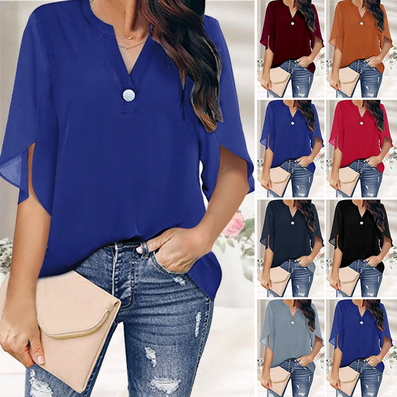 Casual V-neck Button Chiffon Short-sleeved Top