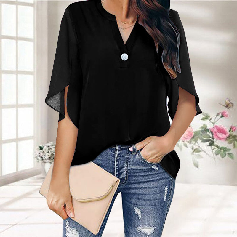 Casual V-neck Button Chiffon Short-sleeved Top