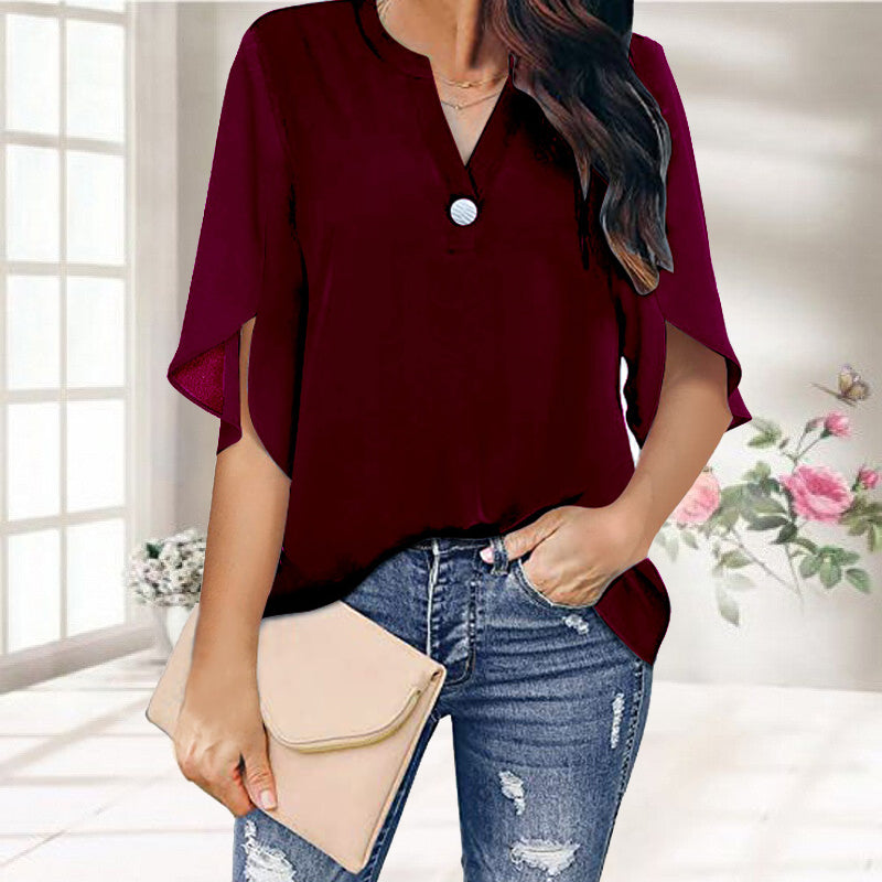 Casual V-neck Button Chiffon Short-sleeved Top