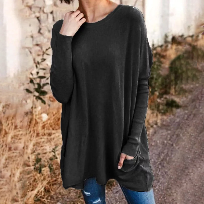 Round Neck Long Sleeve Loose Pocket Solid T-Shirt