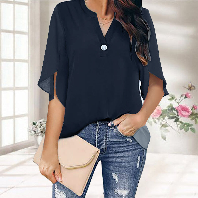 Casual V-neck Button Chiffon Short-sleeved Top