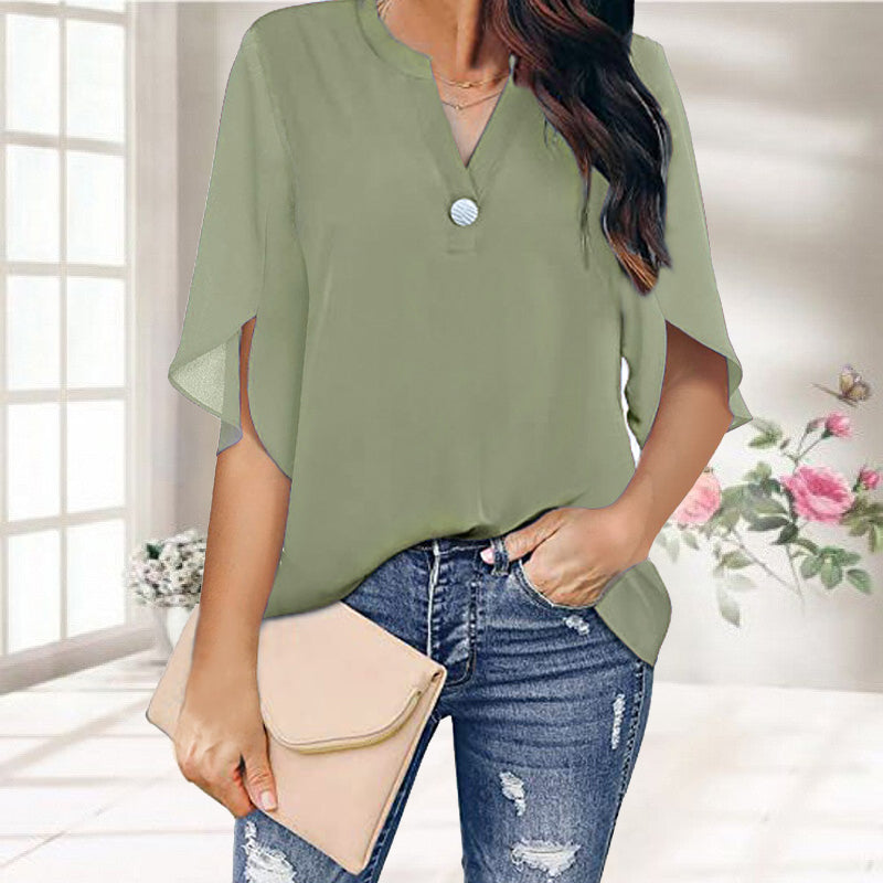 Casual V-neck Button Chiffon Short-sleeved Top