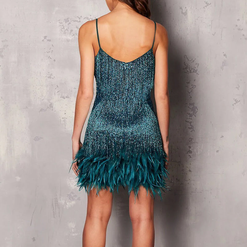 Women's Feather Fringe Sequin Spaghetti Strap Dress(🔥Buy 1 get Free shipping)