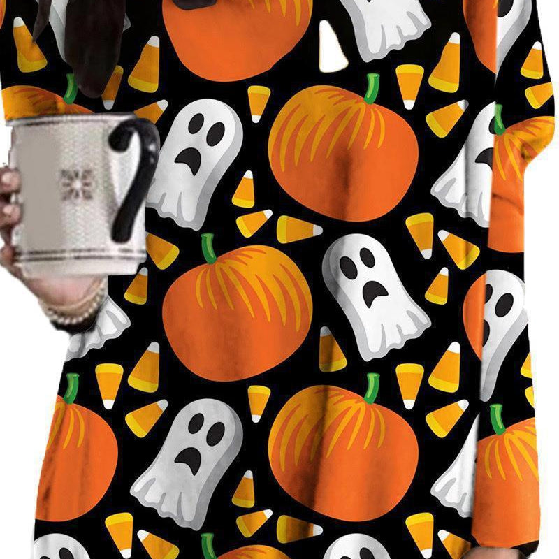 Halloween Cat Pumpkin Long Sleeve Dress