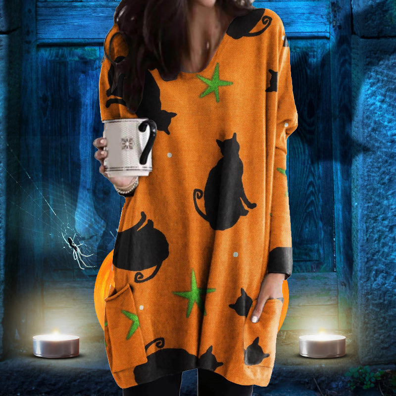 Halloween Cat Pumpkin Long Sleeve Dress