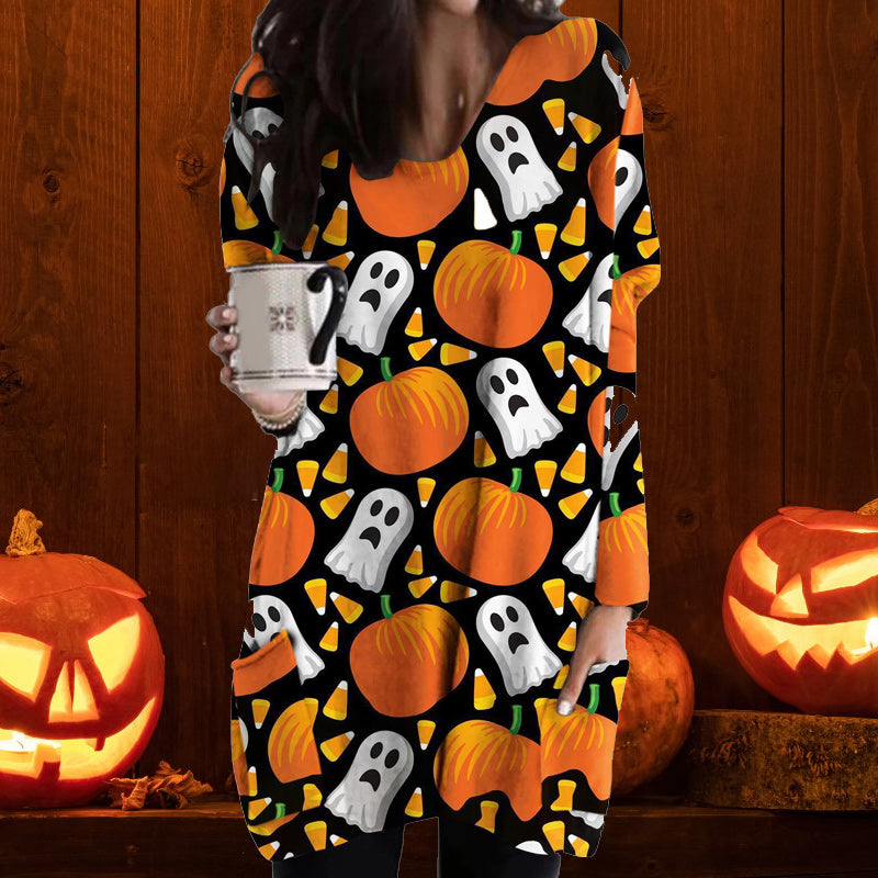 Halloween Cat Pumpkin Long Sleeve Dress