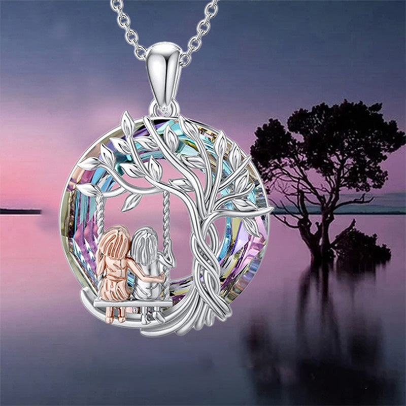 Tree of Life Sister on the Swing Crystal Pendant Necklace