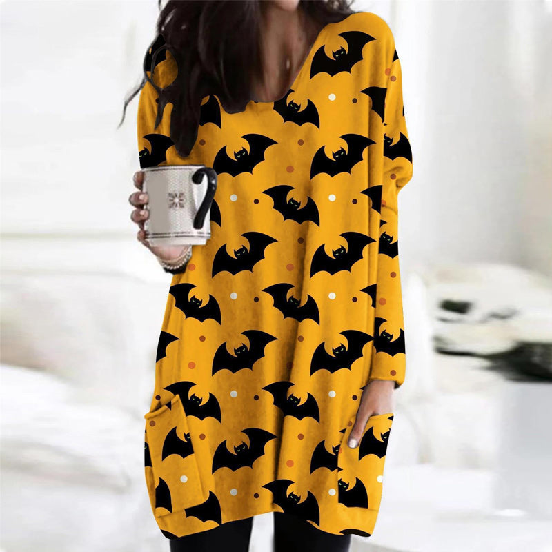 Halloween Cat Pumpkin Long Sleeve Dress