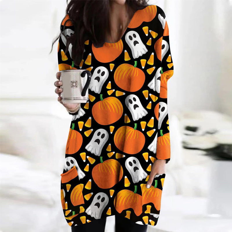 Halloween Cat Pumpkin Long Sleeve Dress