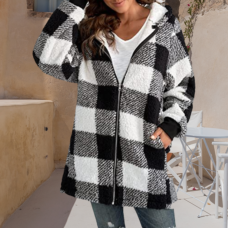 Women Oversized Hoodie Plaid Loose Overcoat