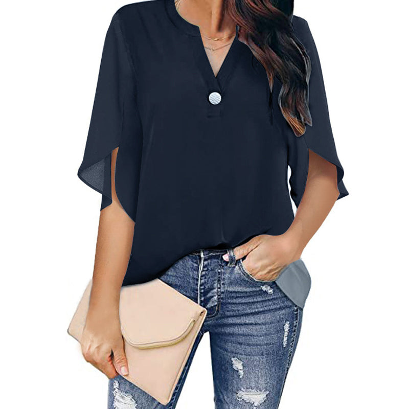 Casual V-neck Button Chiffon Short-sleeved Top